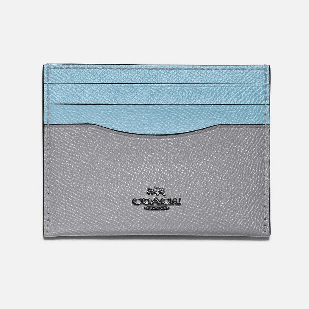 Coach NWT Leather Card Case Colorblock Pewter/Azure
